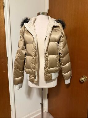 The North Face Metallic Tan Puffer Jacket with Faux Fur Trim